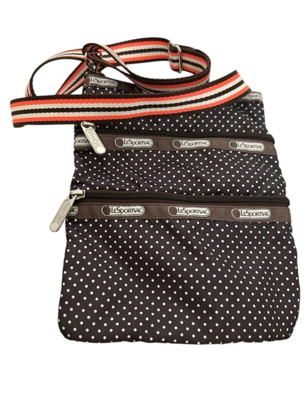LeSportsac Black and White Polka Dot Triple-Zip Crossbody with Striped Strap